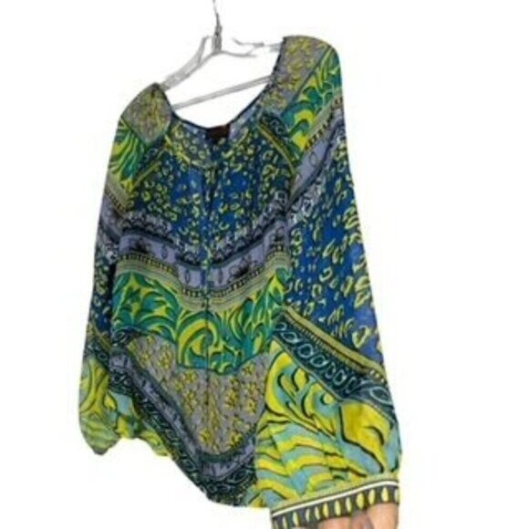 Hale Bob Women's Pull On Top Pop Over Boho Silk Blend Blue Green Size XS - Picture 5 of 5